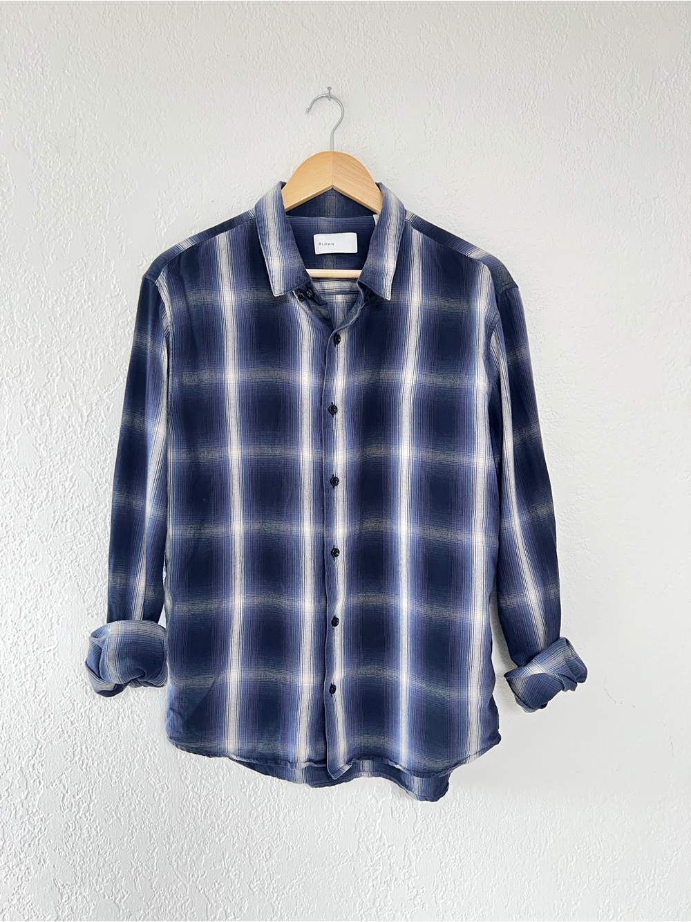 BLDWN navy plaid long sleeve button down shirt / men's S